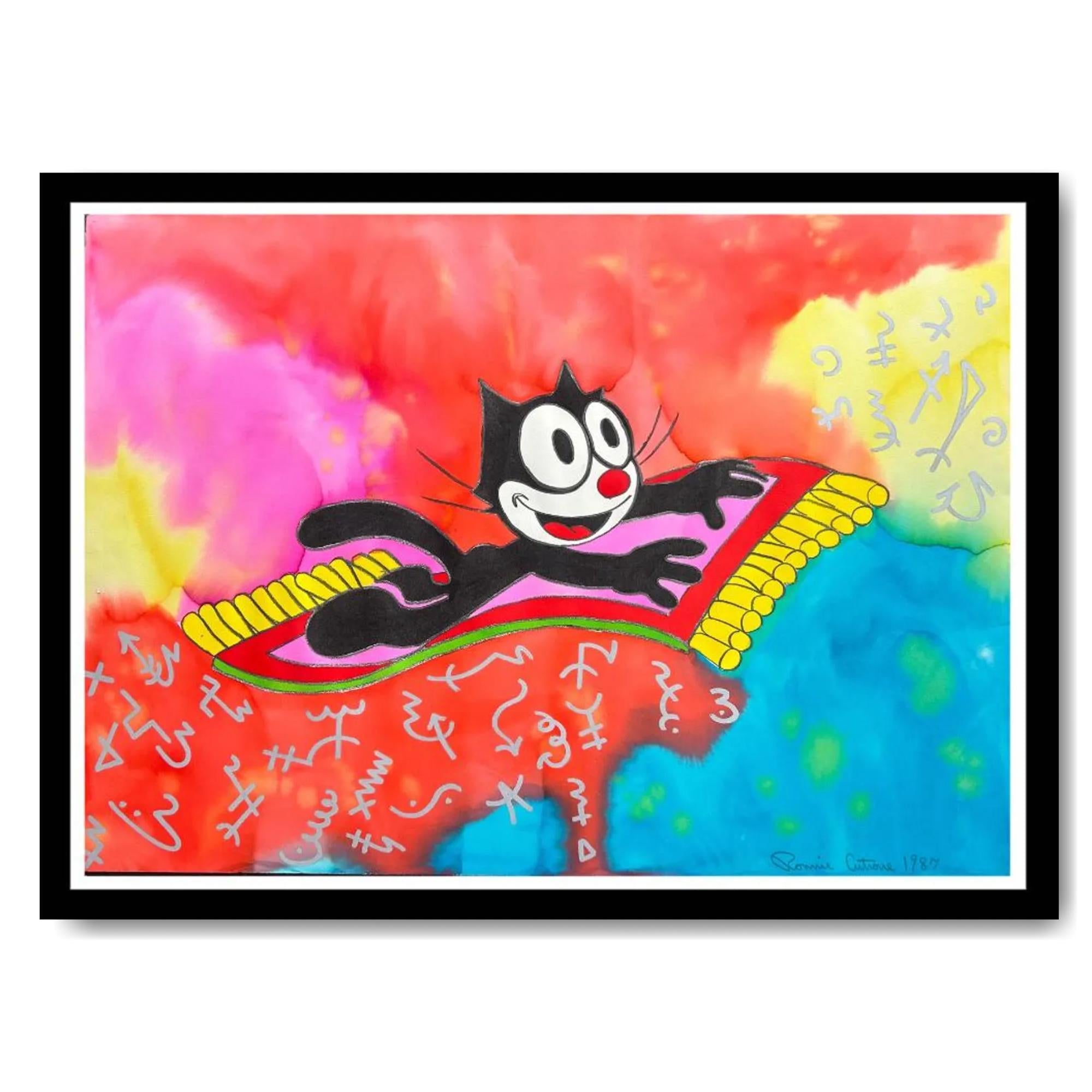 Colorful artwork of a cartoon cat on a red platform with a black frame.